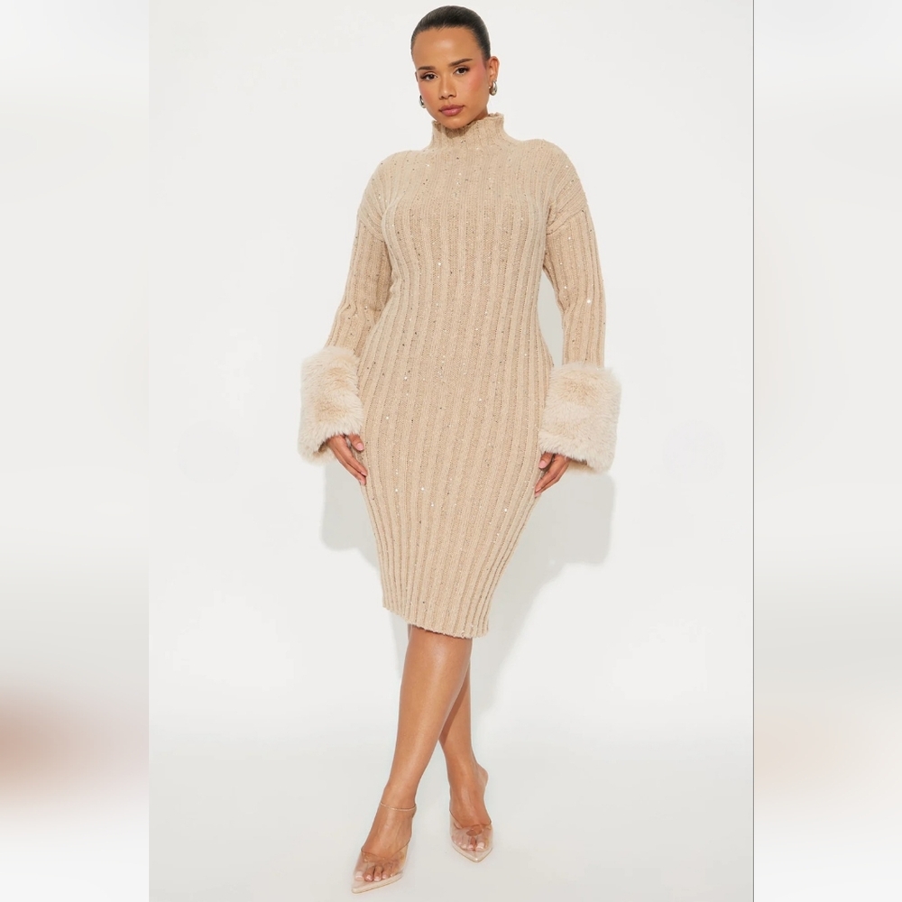Sweater Dress W/Faux Fur Cuffs, Tonal Sequins, Tan, Sz XL BODYCON Midi, NEW! - Picture 6 of 10